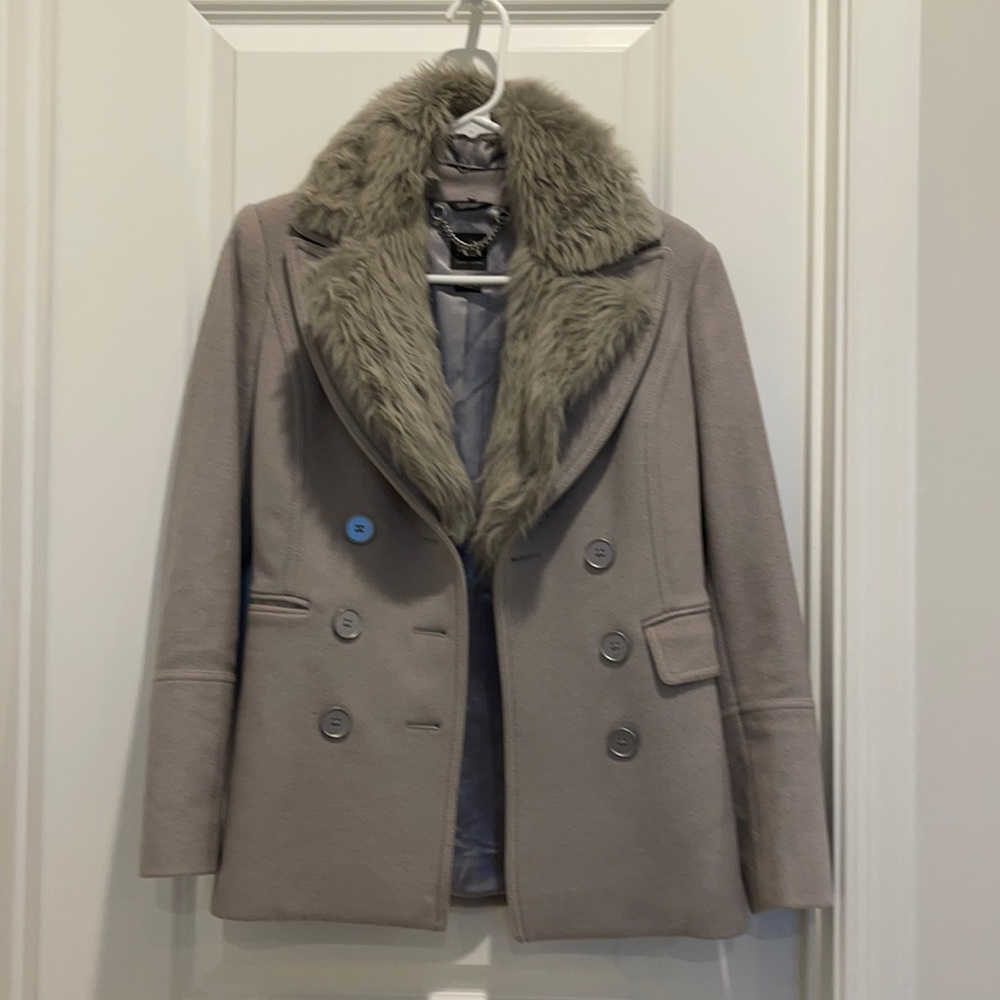 Lightly worn Peacoat. Gray/purple-ish color. Very warm